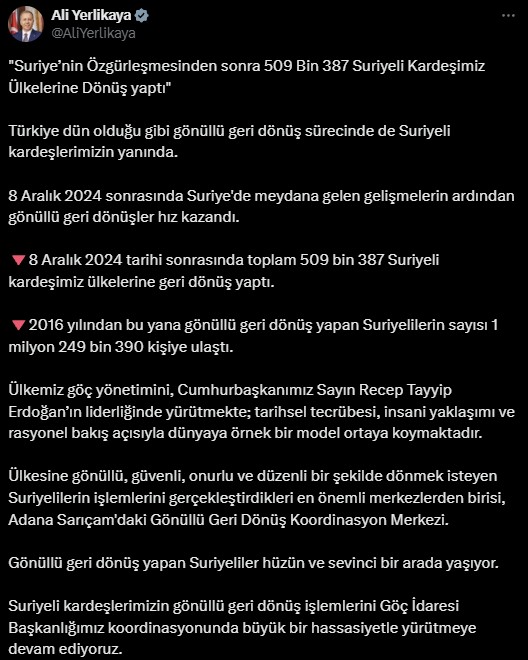 Bakan Yerlikaya ülkesine dönen Suriyeli sayısını açıkladı